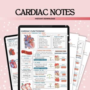 Cardiac Nursing Notes Study Bundle 25 Topics 16 Sheets, Cardiac Disorders Diseases Study Guide, Cardiovascular System, Heart ECG Rhythm, PDF