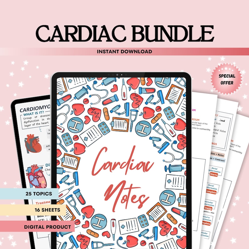 Cardiac Nursing Notes Study Bundle 25 Topics 16 Sheets, Cardiac Disorders Diseases Study Guide, Cardiovascular System, Heart ECG Rhythm, PDF - Image 2