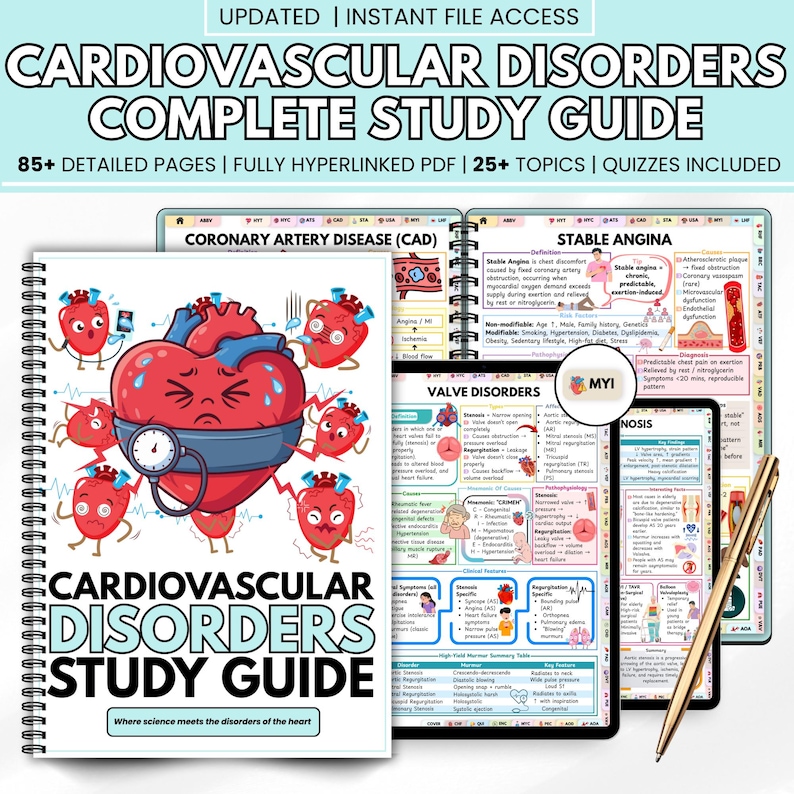 Cardiac Nursing Notes & Cardiovascular Study Guide | Heart Disease Review | Nursing Student Digital Download