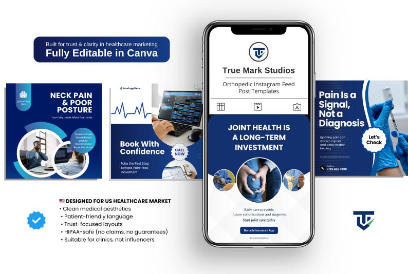 Physiotherapy & Orthopedic Instagram Templates | 30 Canva Medical Social Media Posts, Editable Digital Download - Image 3