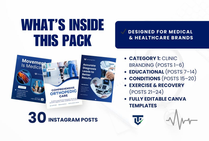 Physiotherapy & Orthopedic Instagram Templates | 30 Canva Medical Social Media Posts, Editable Digital Download - Image 4
