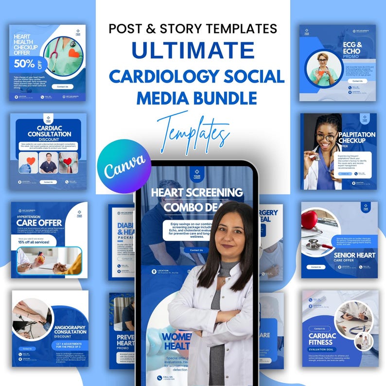 Ultimate Cardiology Canva Bundle | Doctor Instagram Kit | Cardiology Instagram Templates | Heart Health Emergency Awareness Content