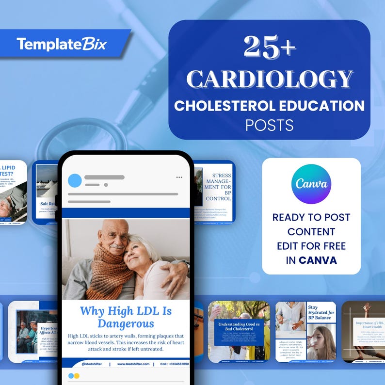 Cardiology Education Canva Templates | Cholesterol Awareness Clinic Instagram Templates | Doctor Instagram Content Bundle | Social Media Kit - Image 4