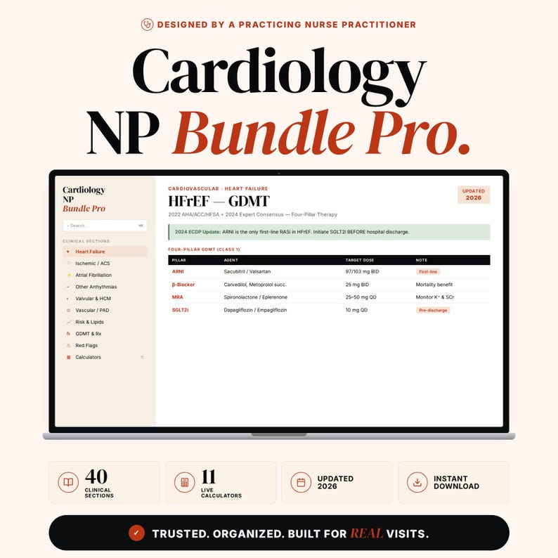 Cardiology NP Clinical Reference Guide, Cardiac Cheat Sheet & Treatment Tool for Nurse Practitioners, 40 Sections + 11 Calculators